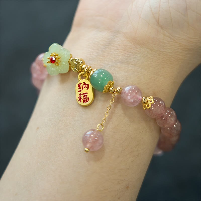 Stone of buddha Natural Strawberry Quartz Blossom Fu Character Positivity Healing Bracelet