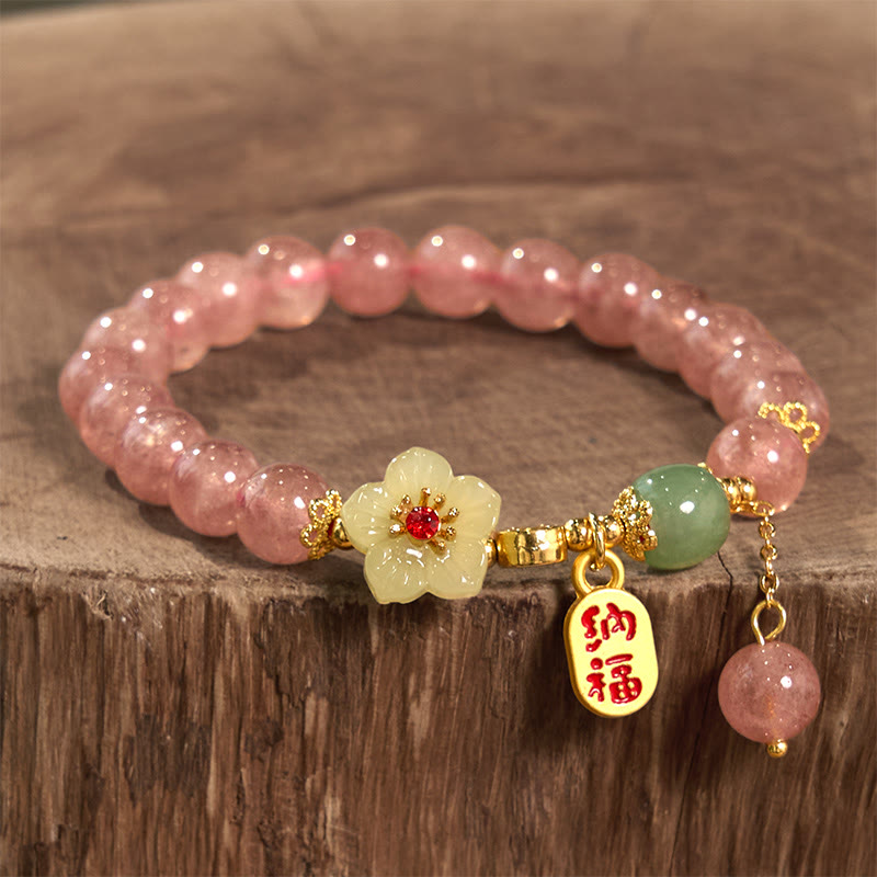 Stone of buddha Natural Strawberry Quartz Blossom Fu Character Positivity Healing Bracelet