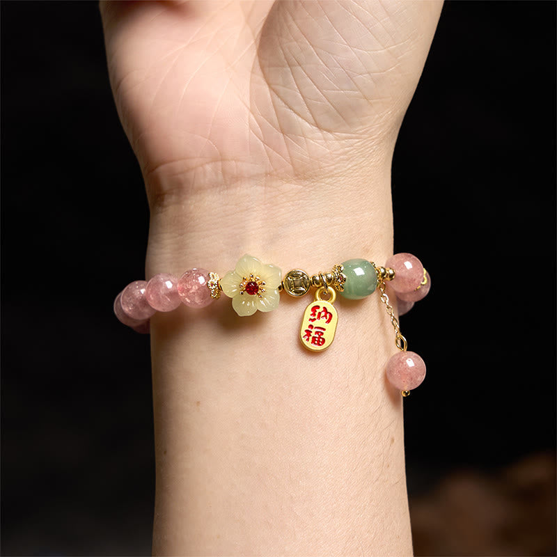 Stone of buddha Natural Strawberry Quartz Blossom Fu Character Positivity Healing Bracelet