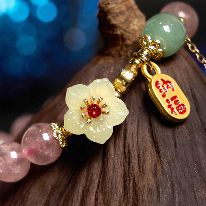 Stone of buddha Natural Strawberry Quartz Blossom Fu Character Positivity Healing Bracelet