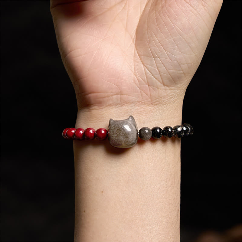 Stone of buddha Black Obsidian Cinnabar Silver Sheen Obsidian Cat Fulfilment Bracelet