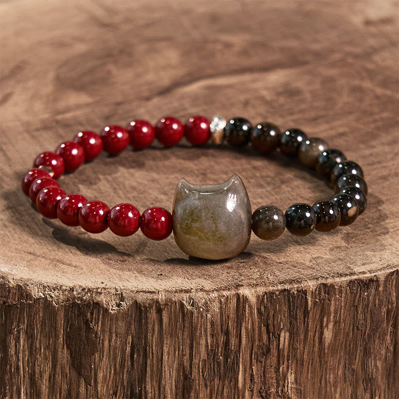 Stone of buddha Black Obsidian Cinnabar Silver Sheen Obsidian Cat Fulfilment Bracelet