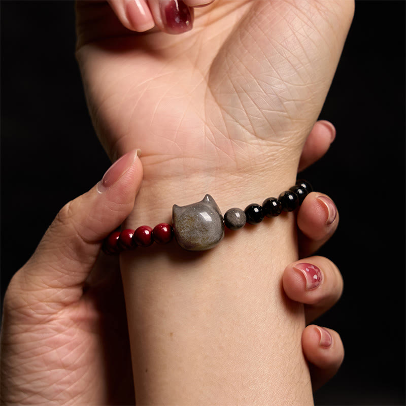 Stone of buddha Black Obsidian Cinnabar Silver Sheen Obsidian Cat Fulfilment Bracelet