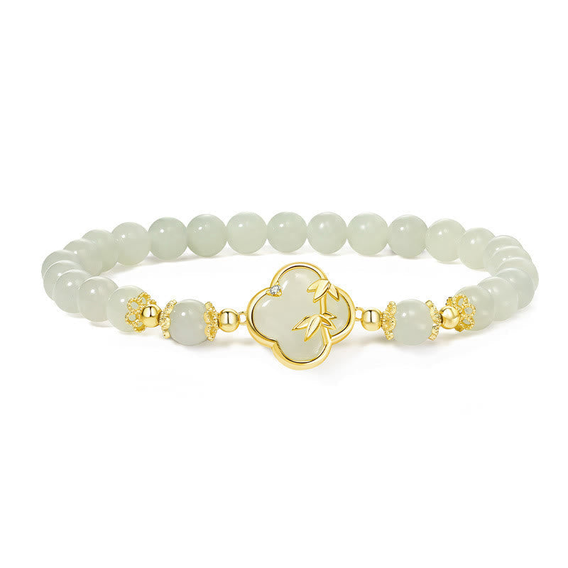 Stone of buddha Hetian Jade 925 Sterling Silver Four Leaf Clover Bamboo Luck Bracelet