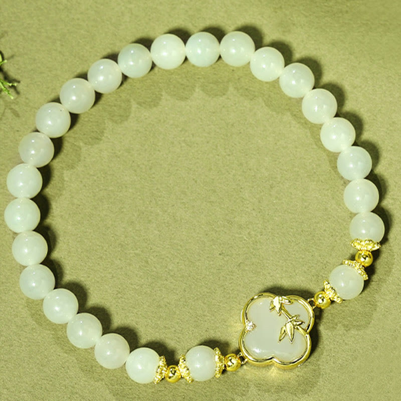 Stone of buddha Hetian Jade 925 Sterling Silver Four Leaf Clover Bamboo Luck Bracelet