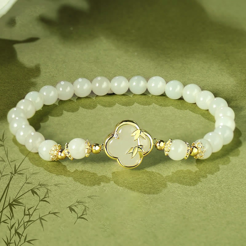 Stone of buddha Hetian Jade 925 Sterling Silver Four Leaf Clover Bamboo Luck Bracelet