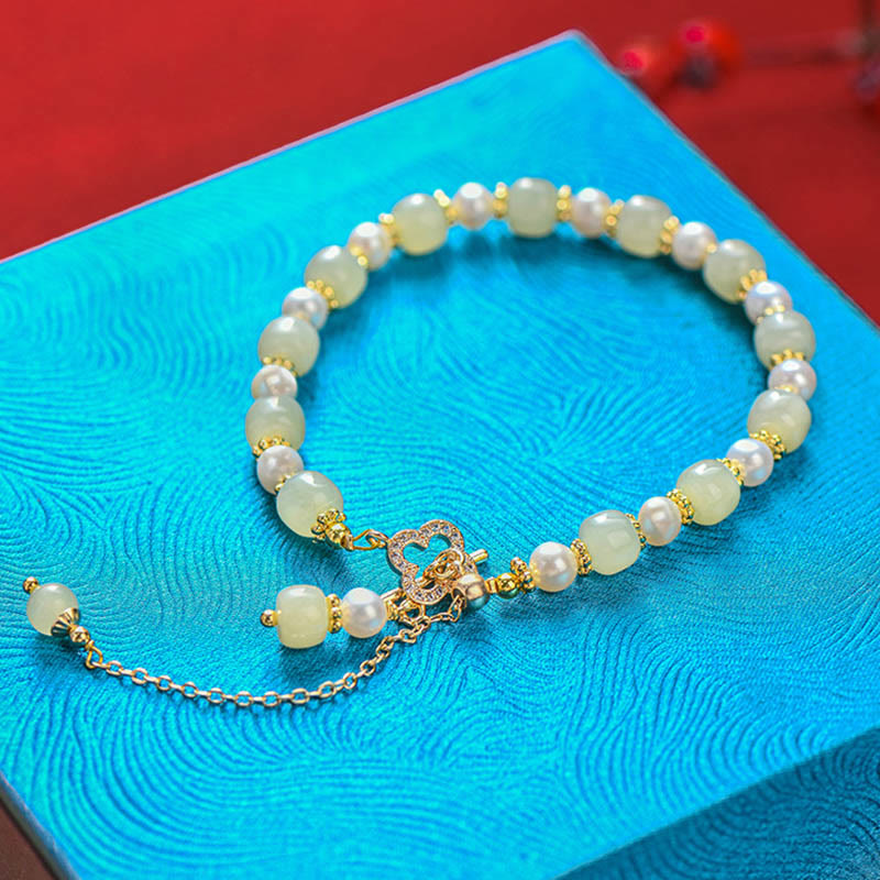 Stone of buddha Hetian Jade Pearl Alloy Four Leaf Clover Pendent Abundance Bracelet