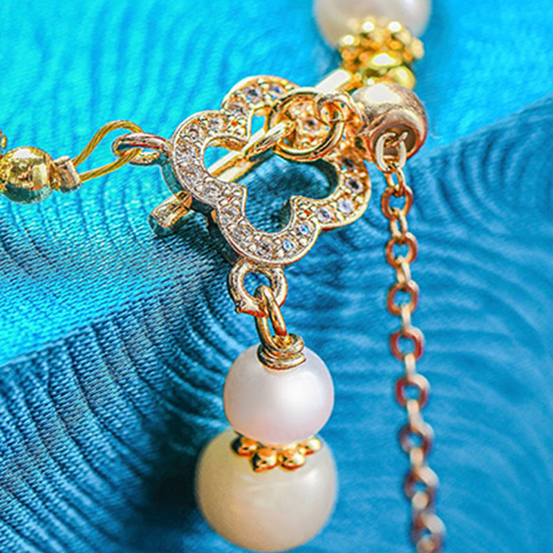 Stone of buddha Hetian Jade Pearl Alloy Four Leaf Clover Pendent Abundance Bracelet