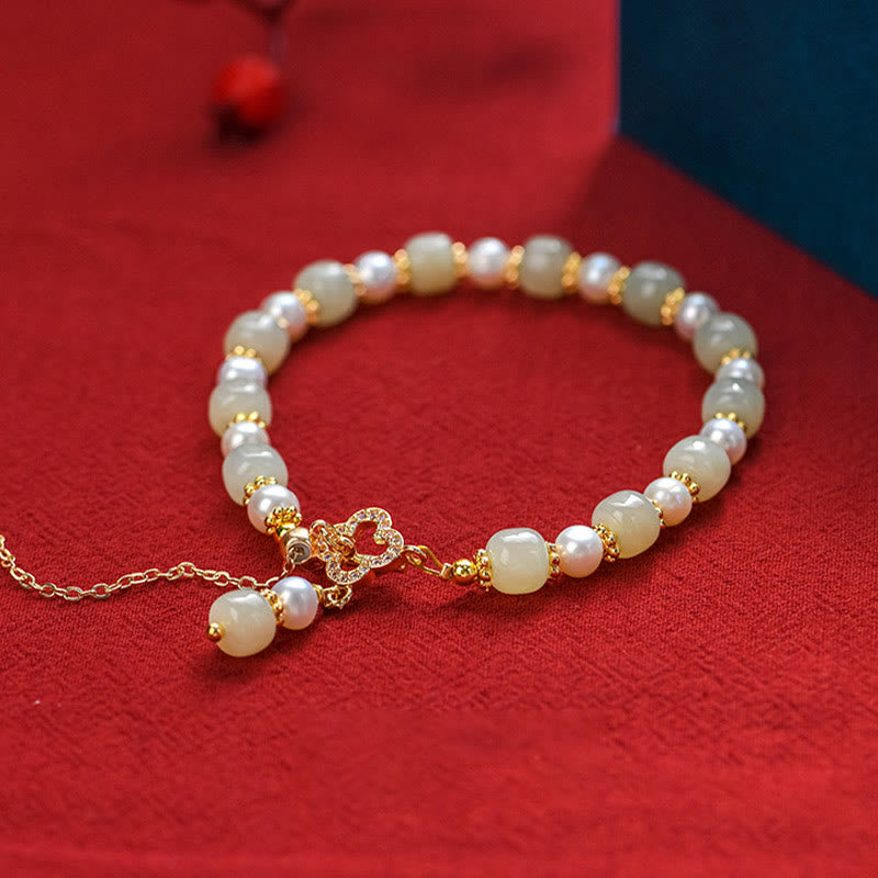 Stone of buddha Hetian Jade Pearl Alloy Four Leaf Clover Pendent Abundance Bracelet