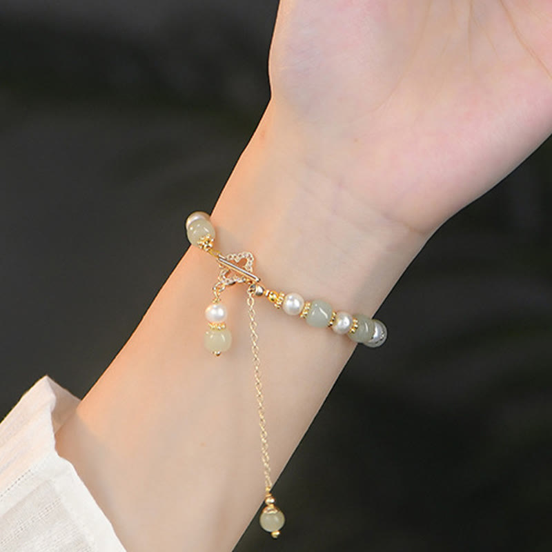 Stone of buddha Hetian Jade Pearl Alloy Four Leaf Clover Pendent Abundance Bracelet