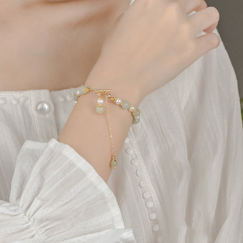 Stone of buddha Hetian Jade Pearl Alloy Four Leaf Clover Pendent Abundance Bracelet