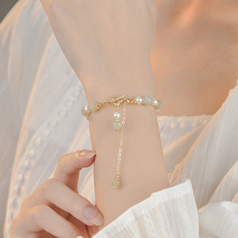 Stone of buddha Hetian Jade Pearl Alloy Four Leaf Clover Pendent Abundance Bracelet