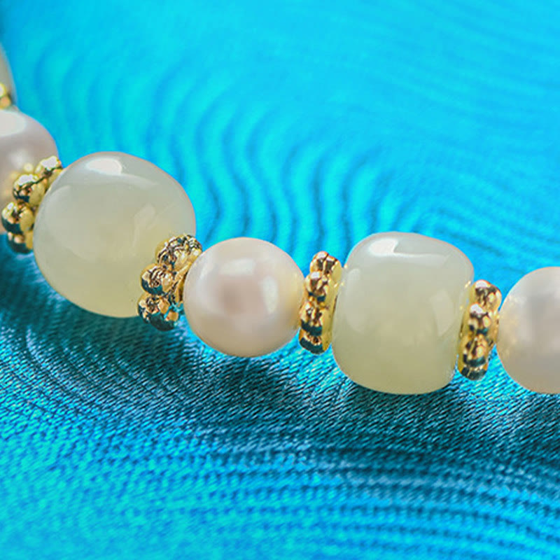 Stone of buddha Hetian Jade Pearl Alloy Four Leaf Clover Pendent Abundance Bracelet