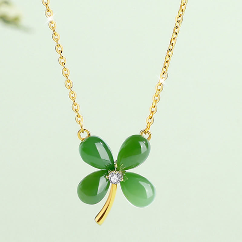 Stone of buddha Jade 925 Sterling Silver Four Leaf Clover Luck Necklace Pendant