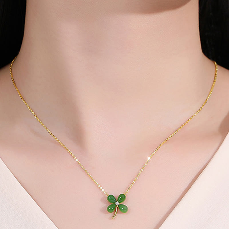 Stone of buddha Jade 925 Sterling Silver Four Leaf Clover Luck Necklace Pendant