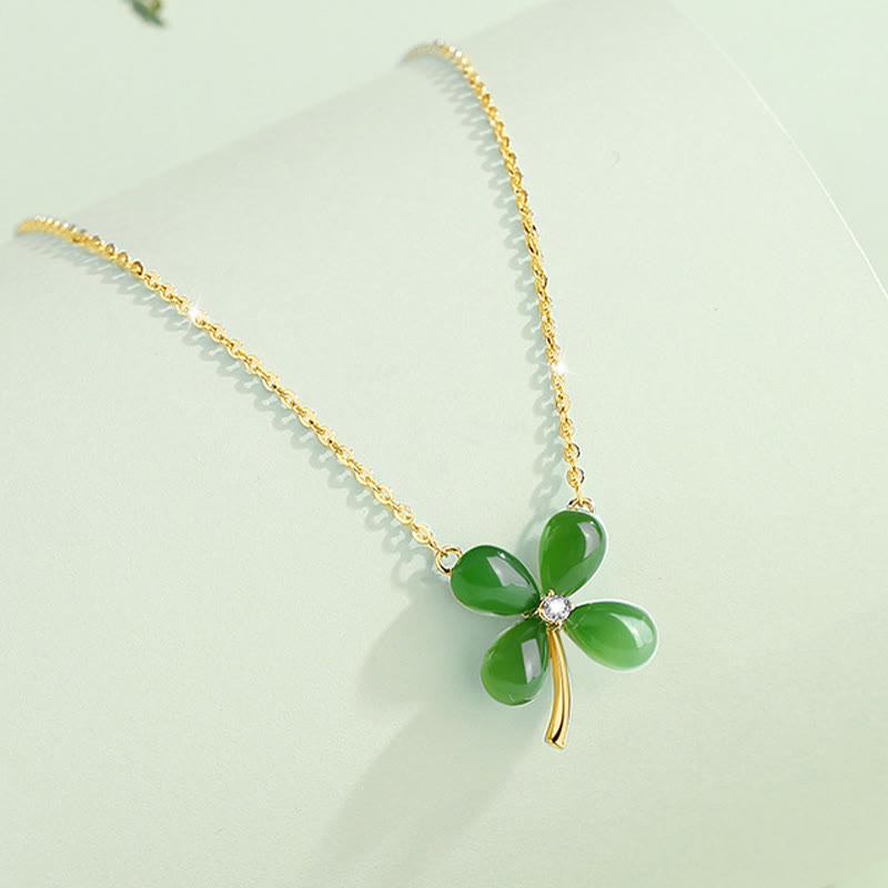 Stone of buddha Jade 925 Sterling Silver Four Leaf Clover Luck Necklace Pendant