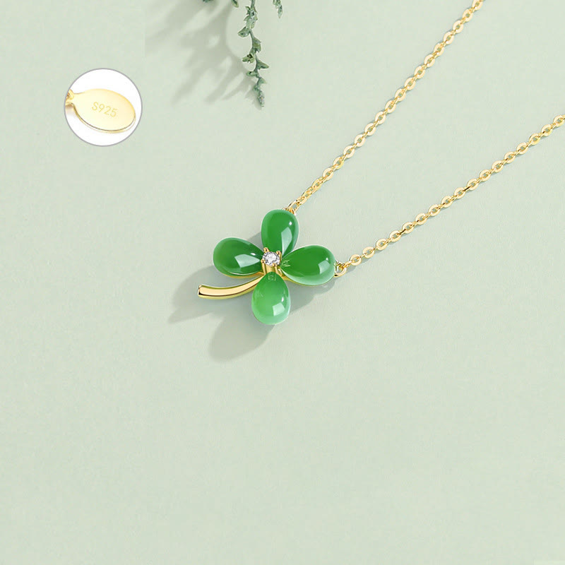 Stone of buddha Jade 925 Sterling Silver Four Leaf Clover Luck Necklace Pendant