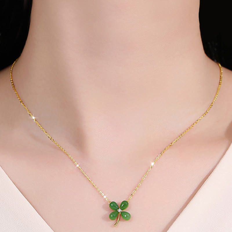 Stone of buddha Jade 925 Sterling Silver Four Leaf Clover Luck Necklace Pendant