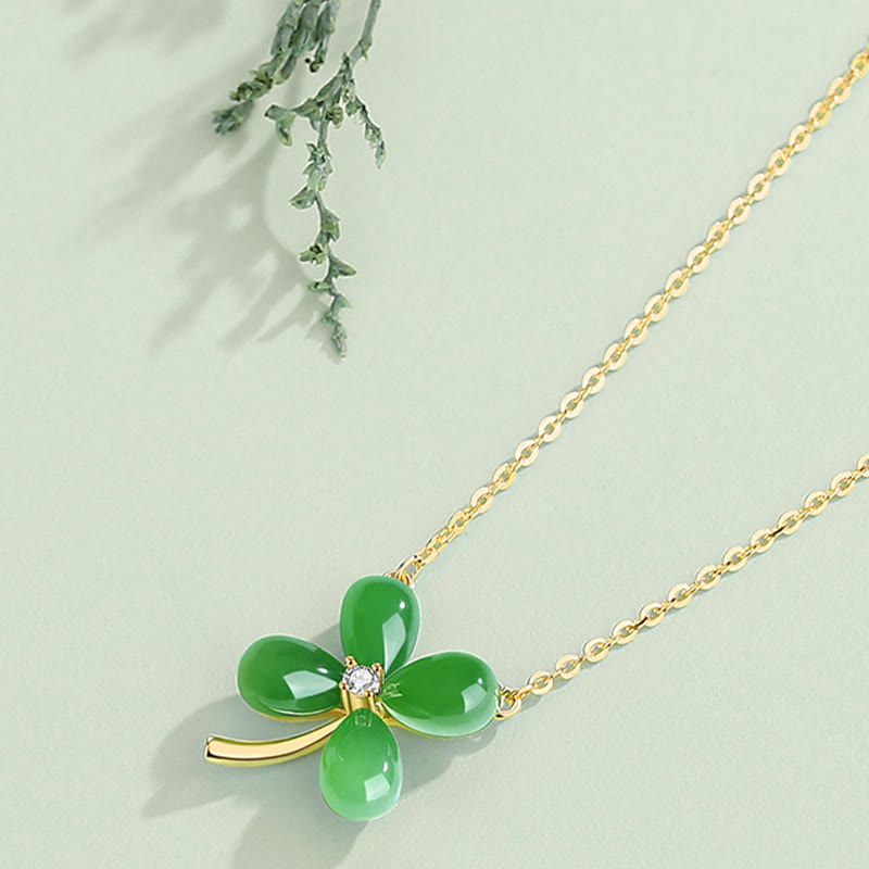 Stone of buddha Jade 925 Sterling Silver Four Leaf Clover Luck Necklace Pendant