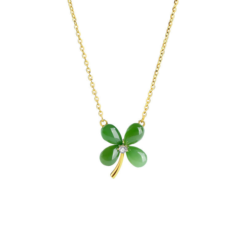 Stone of buddha Jade 925 Sterling Silver Four Leaf Clover Luck Necklace Pendant