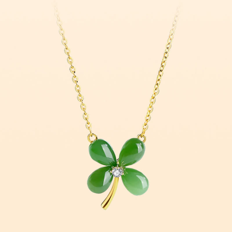 Stone of buddha Jade 925 Sterling Silver Four Leaf Clover Luck Necklace Pendant