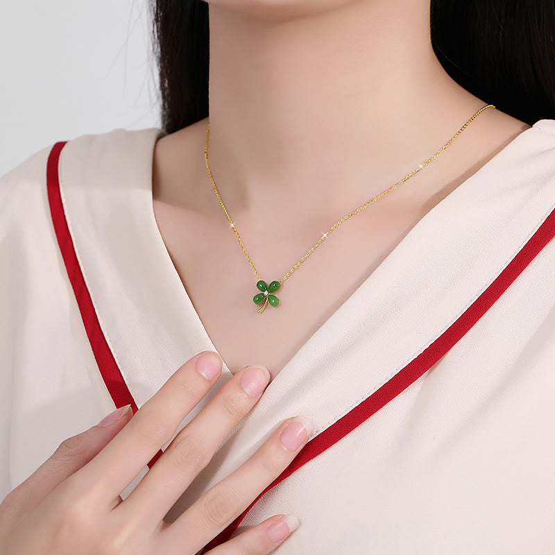 Stone of buddha Jade 925 Sterling Silver Four Leaf Clover Luck Necklace Pendant