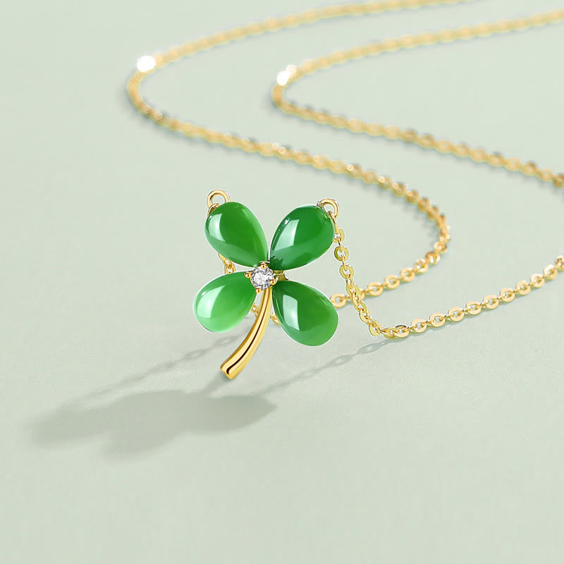 Stone of buddha Jade 925 Sterling Silver Four Leaf Clover Luck Necklace Pendant