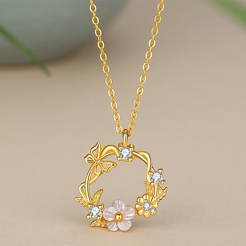 Stone of buddha 925 Sterling Silver Cubic Zirconia Shell Butterfly Peach Blossom Blessing Necklace Pendant