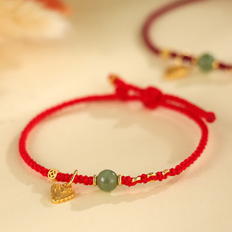 Stone of buddha 925 Sterling Silver Hetian Jade Bead Copper Coin Love Heart Charm Luck Bracelet