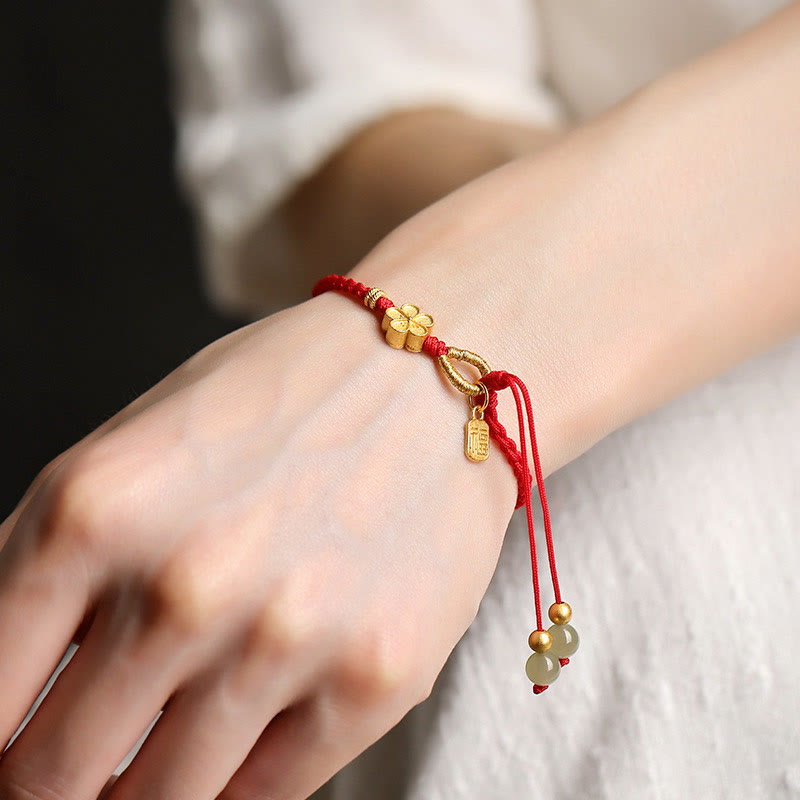 Stone of buddha Hetian Jade Small Peach Blossom Fu Character Charm Luck String Bracelet