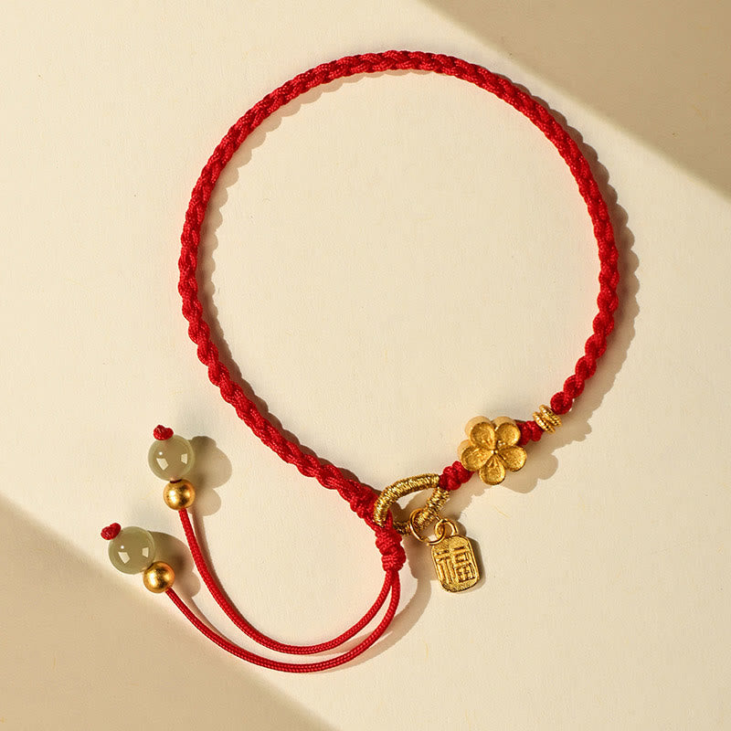 Stone of buddha Hetian Jade Small Peach Blossom Fu Character Charm Luck String Bracelet