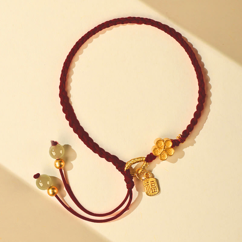 Stone of buddha Hetian Jade Small Peach Blossom Fu Character Charm Luck String Bracelet