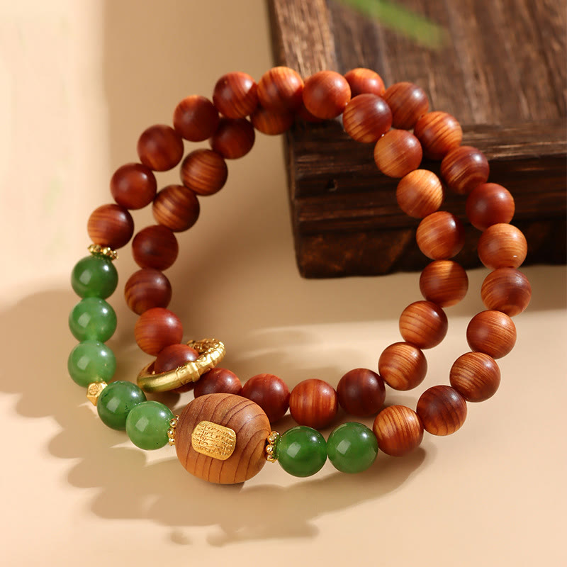 Stone of buddha Thuja Sutchuenensis Green Chalcedony Double Wrap Prosperity Bracelet