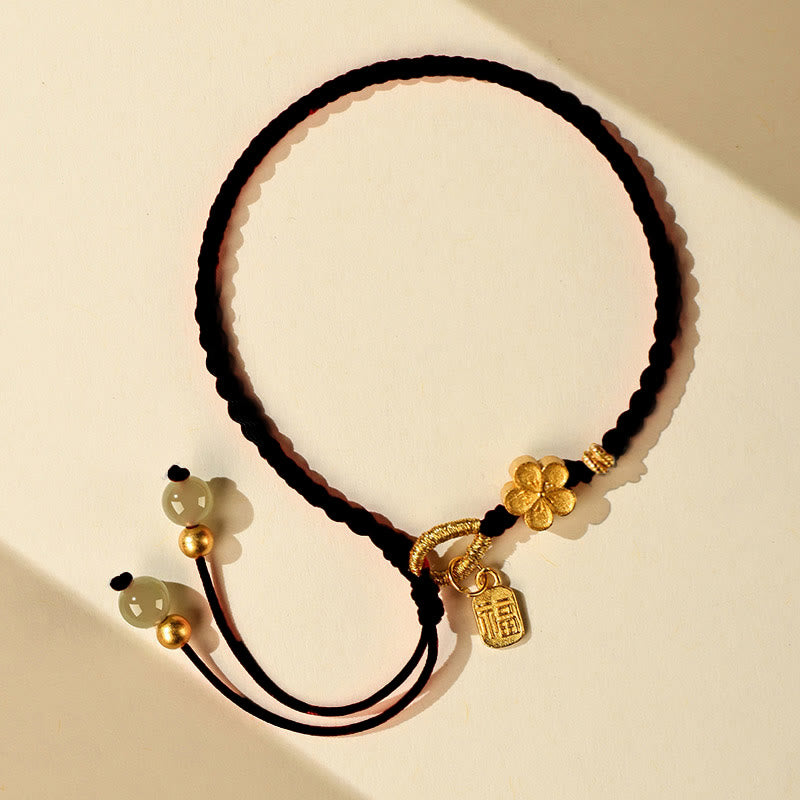 Stone of buddha Hetian Jade Small Peach Blossom Fu Character Charm Luck String Bracelet