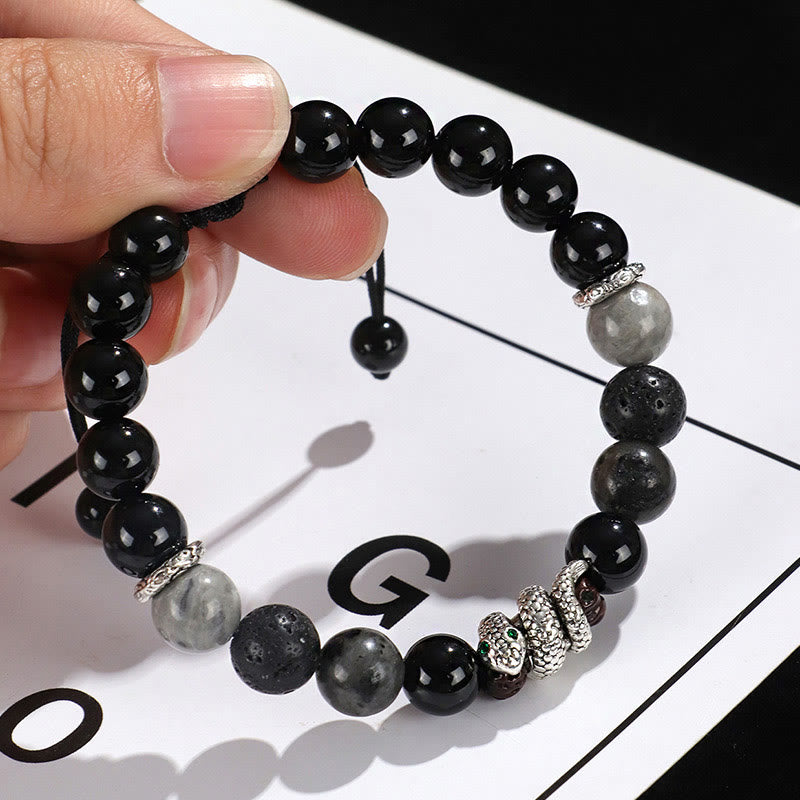 Stone of buddha Black Onyx Black Glitter Stone White Agate White Turquoise Year Of The Snake Protection Bracelet
