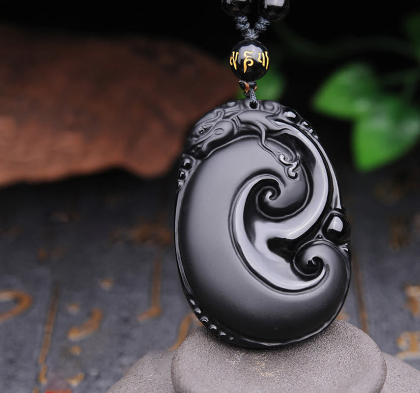 Stone of buddha Natural Black Obsidian PiXiu Oval Pattern Strength Necklace Pendant