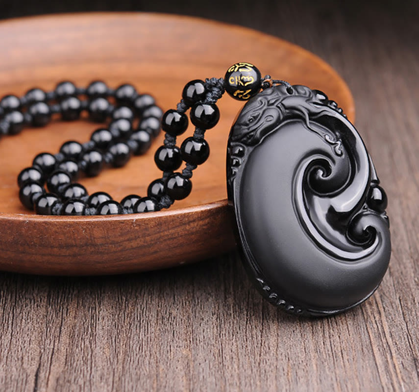 Stone of buddha Natural Black Obsidian PiXiu Oval Pattern Strength Necklace Pendant
