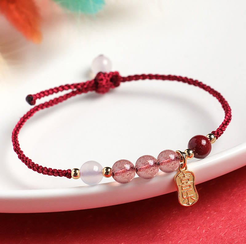 Stone of buddha Natural Strawberry Quartz Jade White Agate Red String Positive Bracelet