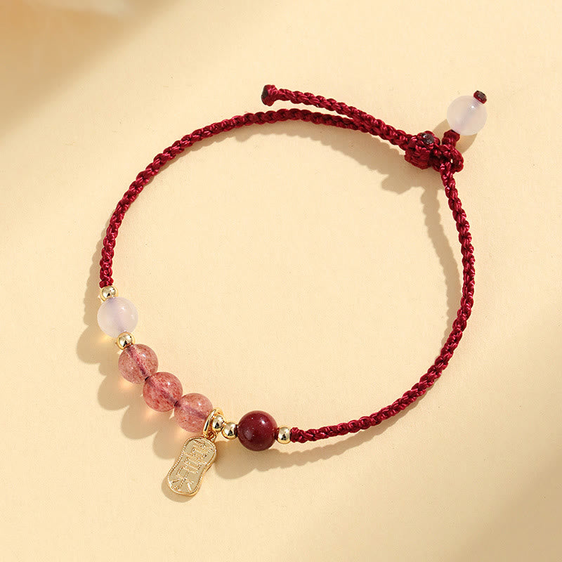 Stone of buddha Natural Strawberry Quartz Jade White Agate Red String Positive Bracelet