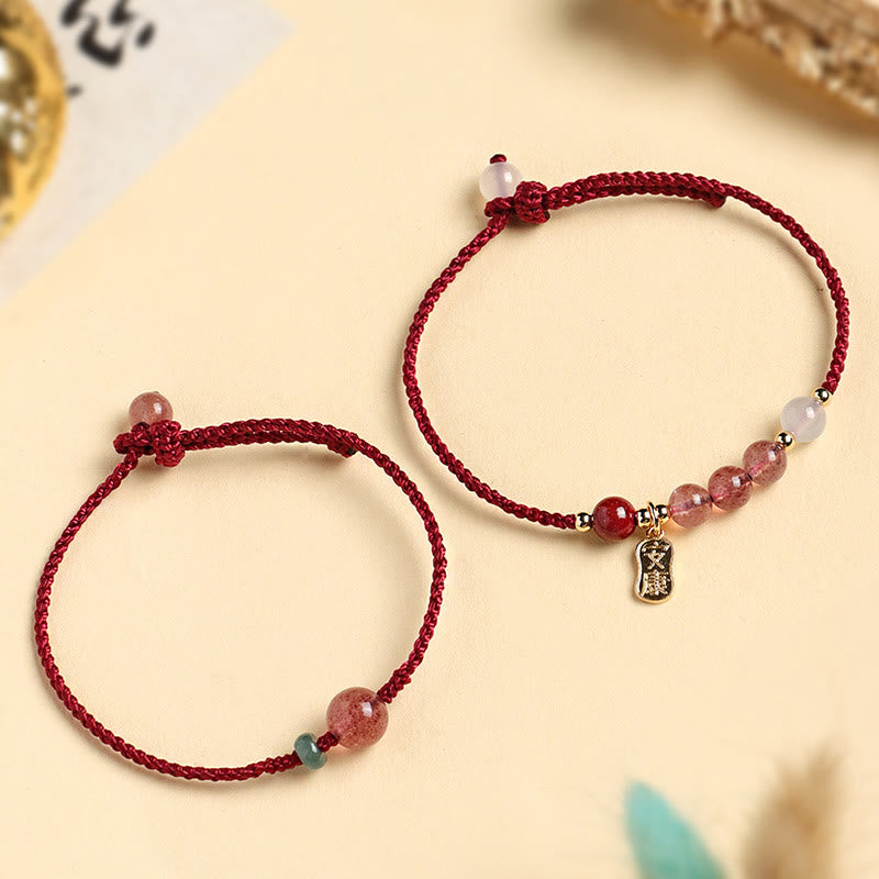 Stone of buddha Natural Strawberry Quartz Jade White Agate Red String Positive Bracelet