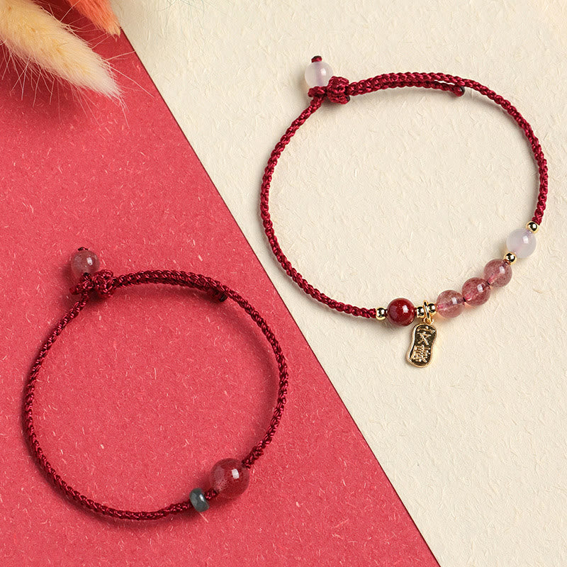 Stone of buddha Natural Strawberry Quartz Jade White Agate Red String Positive Bracelet