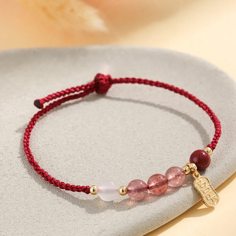 Stone of buddha Natural Strawberry Quartz Jade White Agate Red String Positive Bracelet
