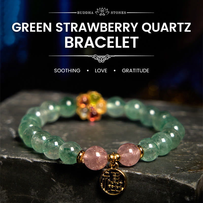 Stone of buddha Natural Green Strawberry Quartz Soothing Fu Character Bracelet