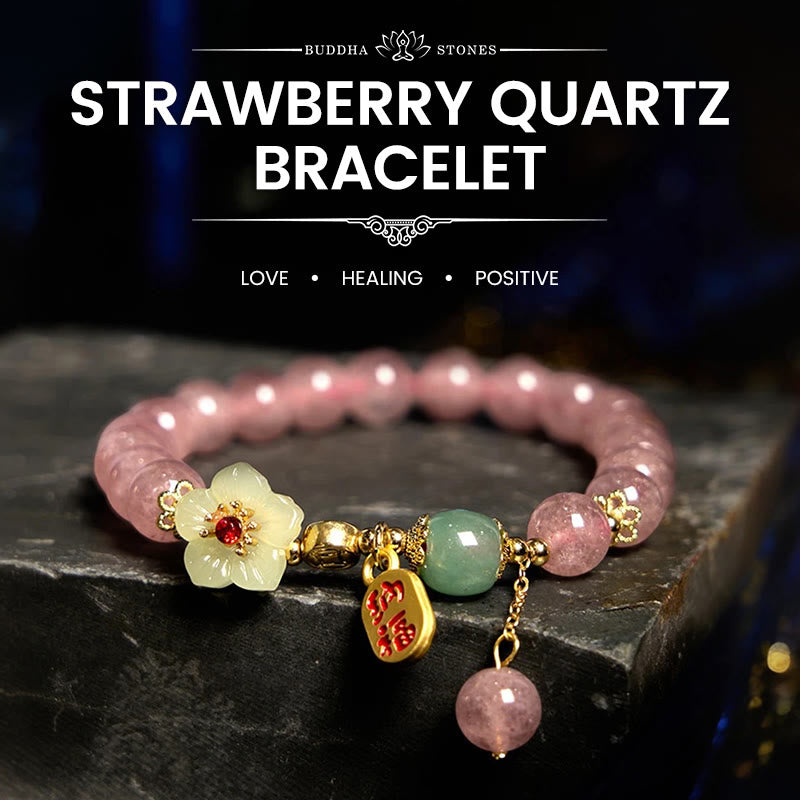 Stone of buddha Natural Strawberry Quartz Blossom Fu Character Positivity Healing Bracelet