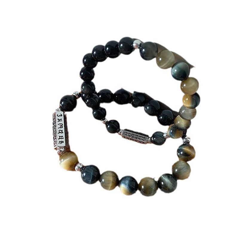 Stone of buddha Natural Black Obsidian Tiger's Eye Six True Words 'om Mani Padme Hum' Strength Love Bracelet
