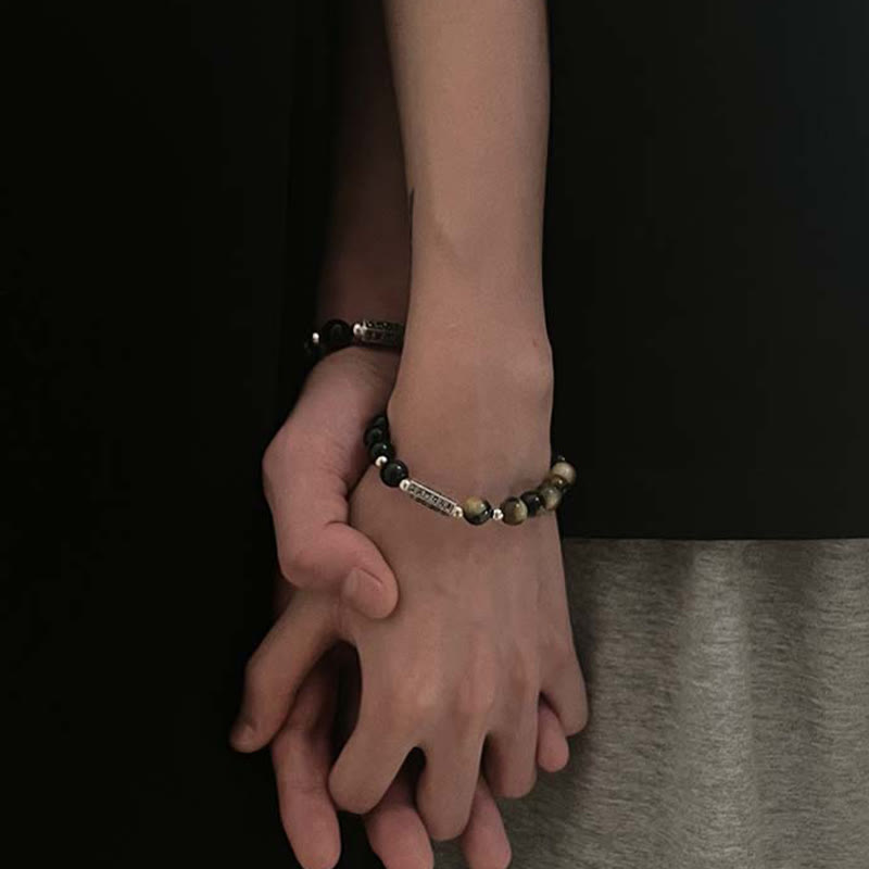 Stone of buddha Natural Black Obsidian Tiger's Eye Six True Words 'om Mani Padme Hum' Strength Love Bracelet