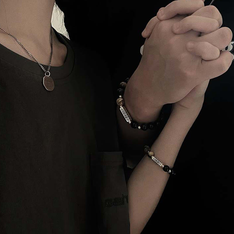Stone of buddha Natural Black Obsidian Tiger's Eye Six True Words 'om Mani Padme Hum' Strength Love Bracelet