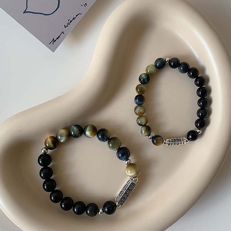 Stone of buddha Natural Black Obsidian Tiger's Eye Six True Words 'om Mani Padme Hum' Strength Love Bracelet