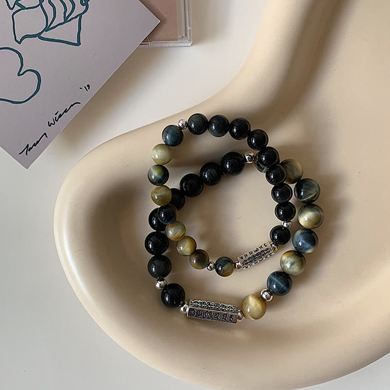 Stone of buddha Natural Black Obsidian Tiger's Eye Six True Words 'om Mani Padme Hum' Strength Love Bracelet