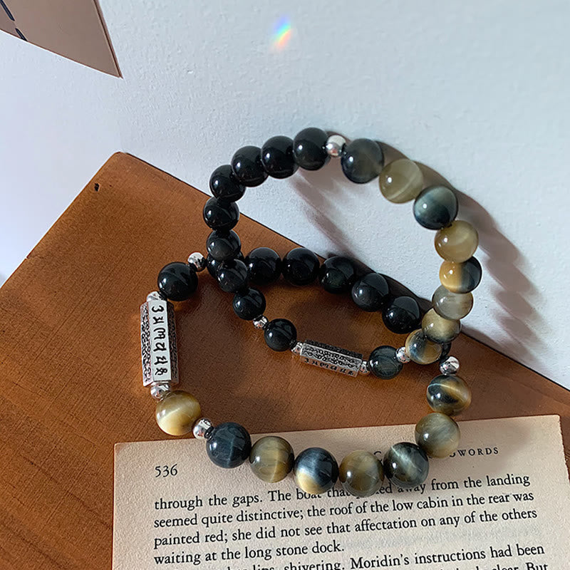 Stone of buddha Natural Black Obsidian Tiger's Eye Six True Words 'om Mani Padme Hum' Strength Love Bracelet